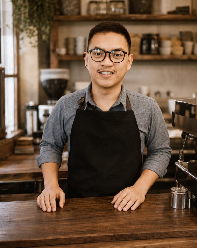 The barista behind a walnut espresso bar