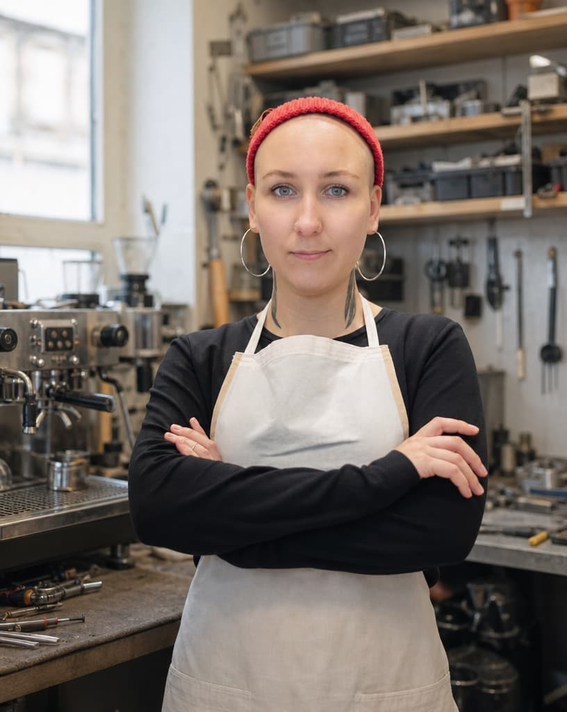 The engineer with crossed arms in the repair workshop