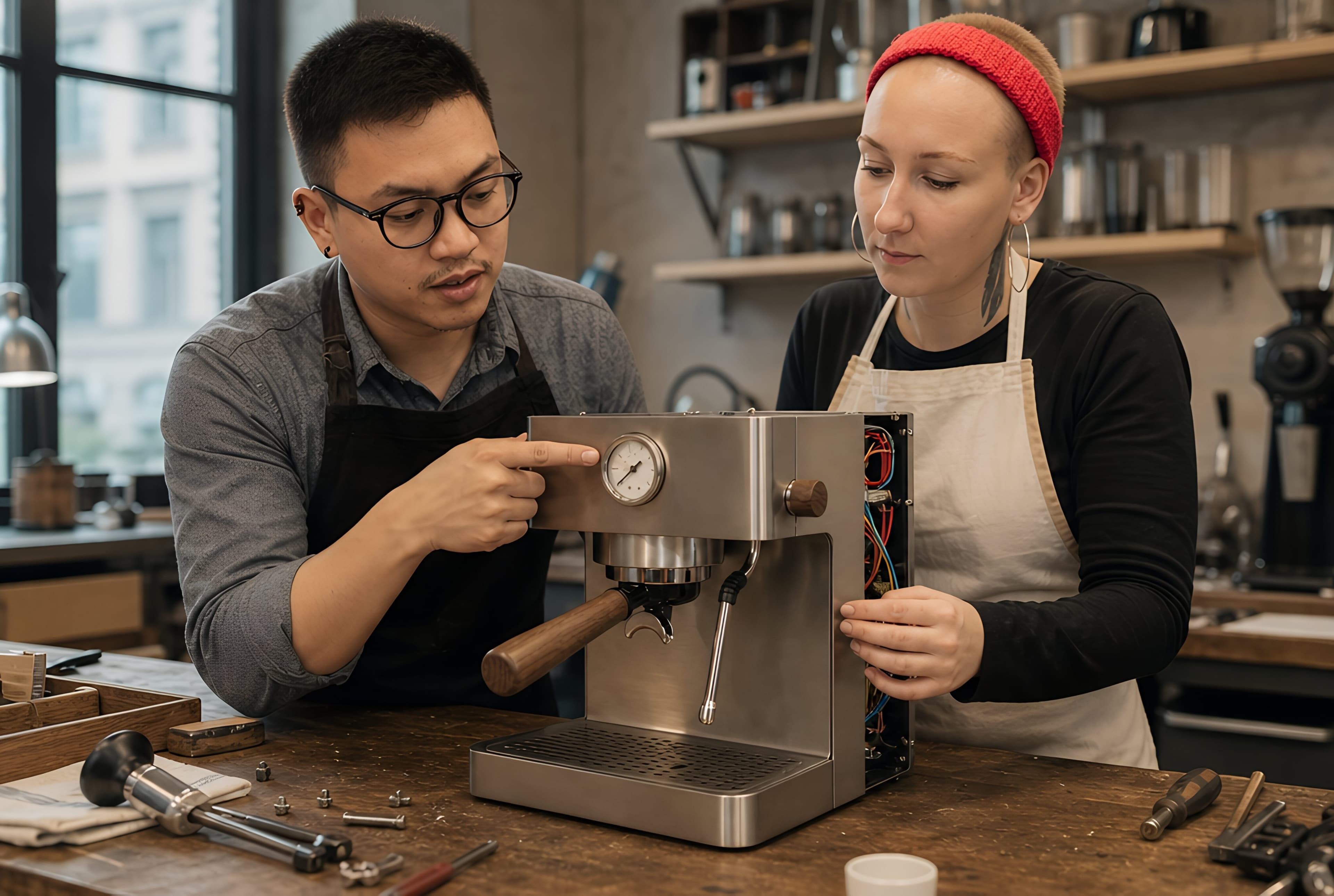 The barista and the engineer at the workshop bench, looking at a Nove with its side panel open