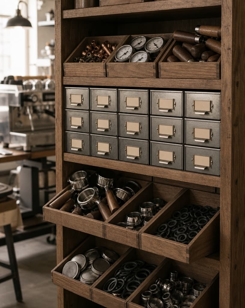 A workshop shelf of drawers holding spare handles, portafilters and gauges