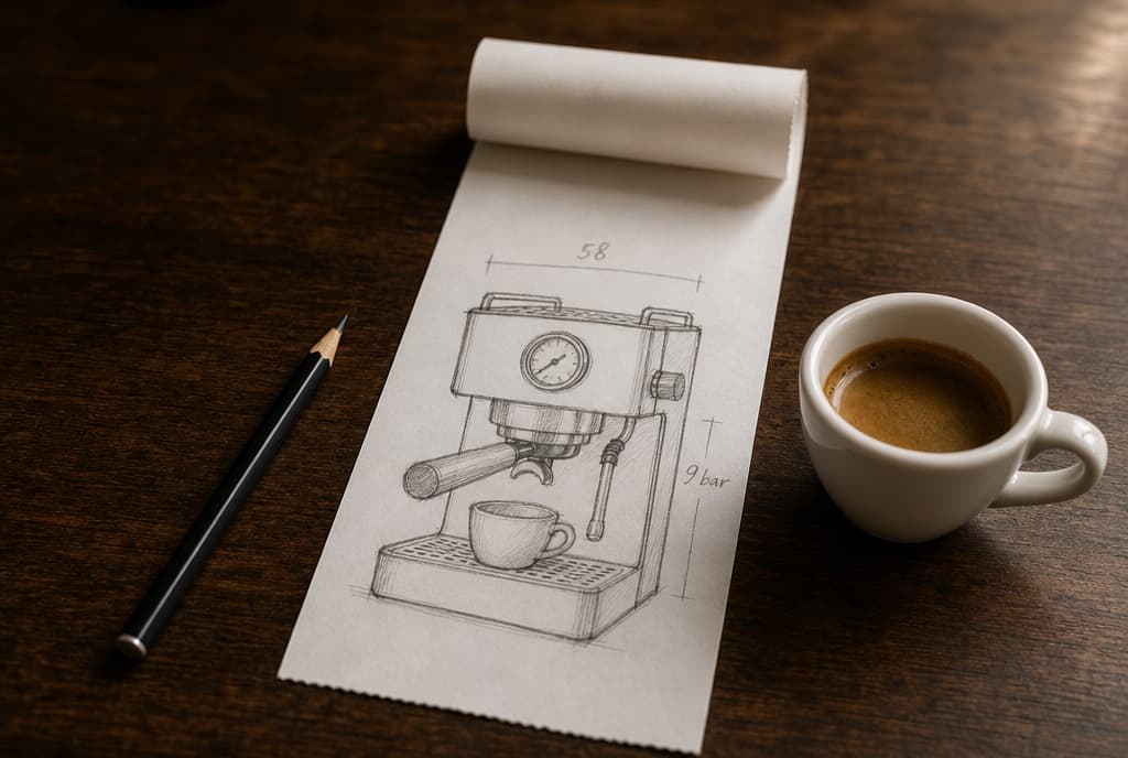 A pencil drawing of the machine on a strip of till roll on a walnut bar