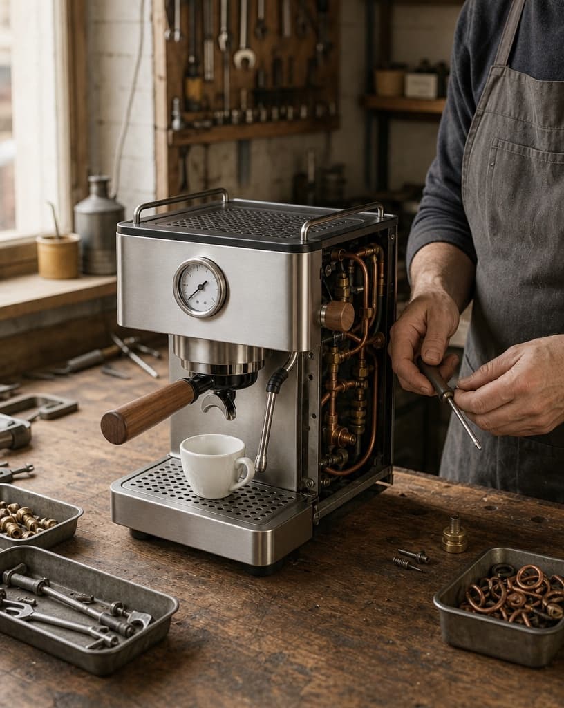 Hands with a screwdriver beside a Nove with its side panel off on a workshop bench
