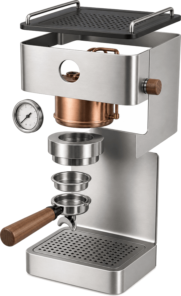 The Nove Duo pulled apart: the top tray, the steel body, the boiler, the gauge, the basket, the portafilter and the drip tray