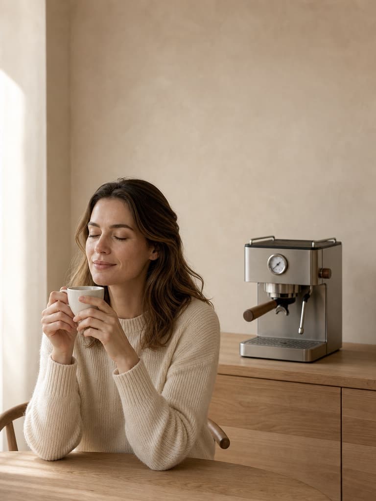 A woman holding an espresso cup at a kitchen table, the Nove Duo on the counter behind her