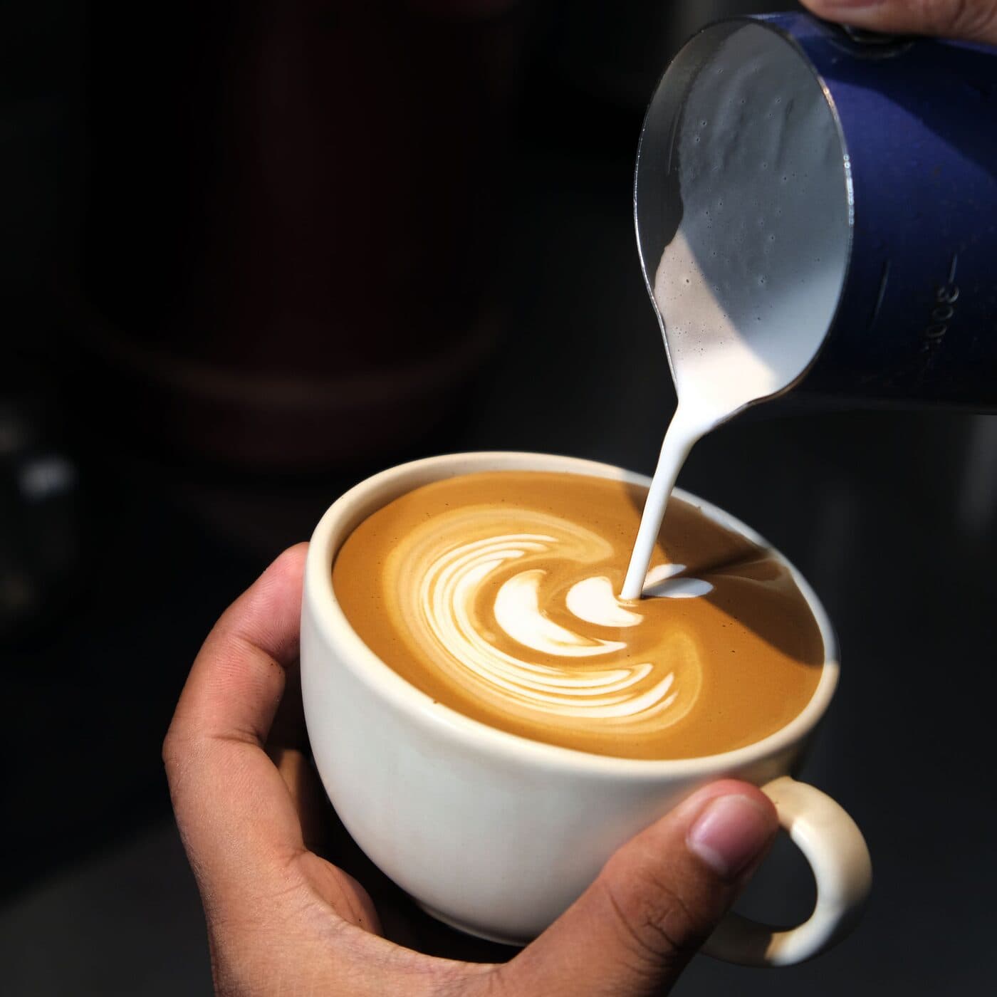 A latte with a leaf poured on top, held in two hands