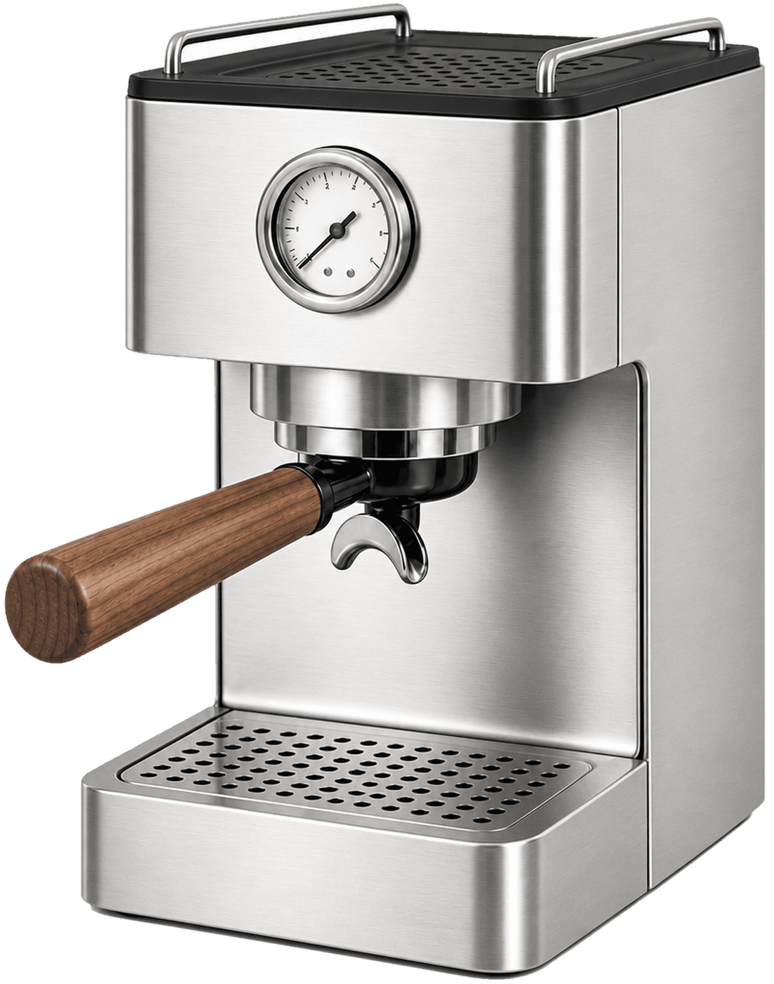 Nove One, a narrow steel espresso machine with one gauge and a walnut portafilter handle
