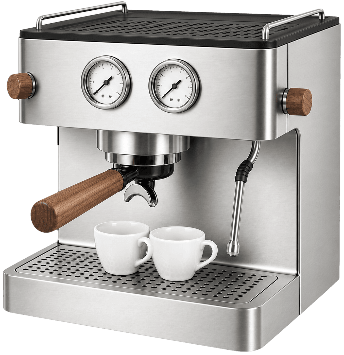 Nove Pro, a wide steel espresso machine with two gauges, a steam wand and two cups on the tray