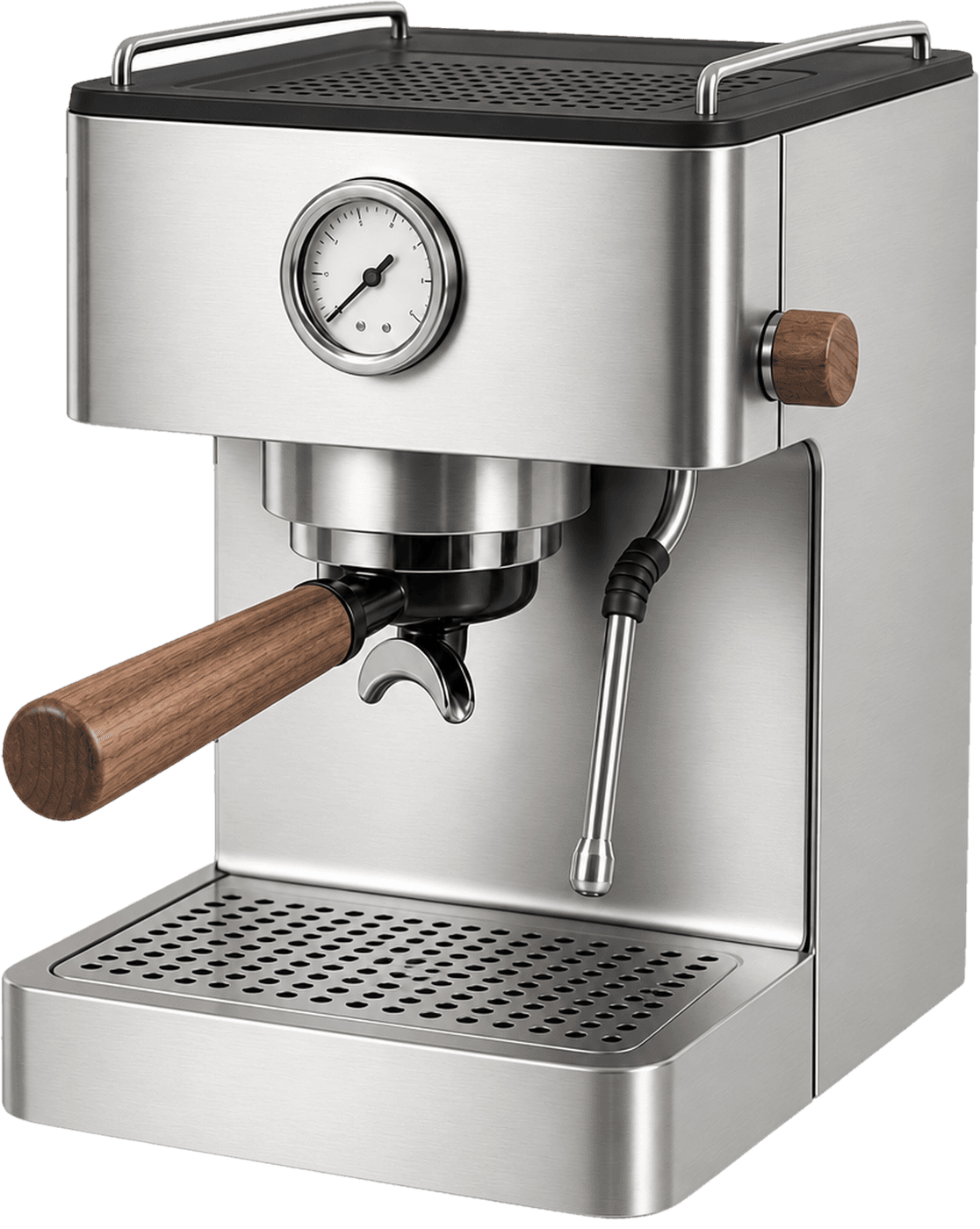 Nove Duo, a steel espresso machine with a steam wand and a walnut portafilter handle