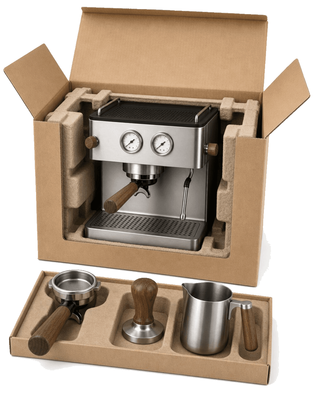The Nove Pro packed in its open box, with the portafilter, tamper and milk jug in the tray