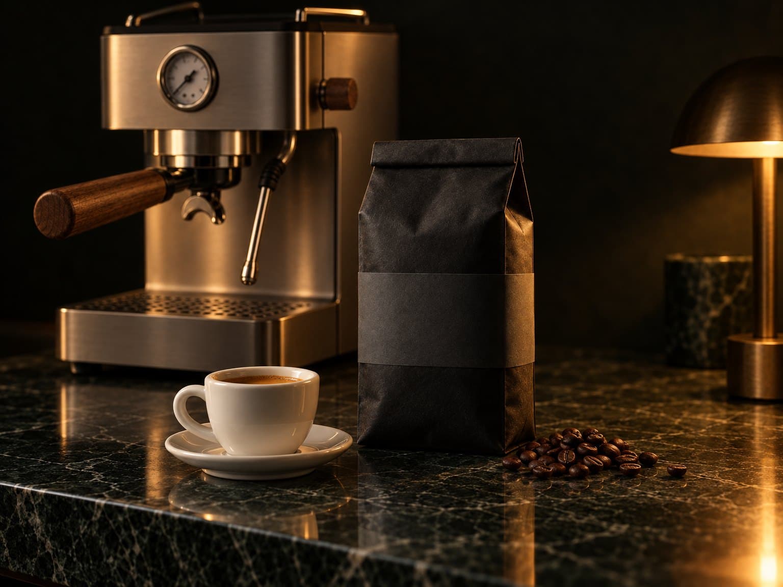The black bag of decaf on dark marble beside an espresso, a Nove machine behind it under a brass lamp