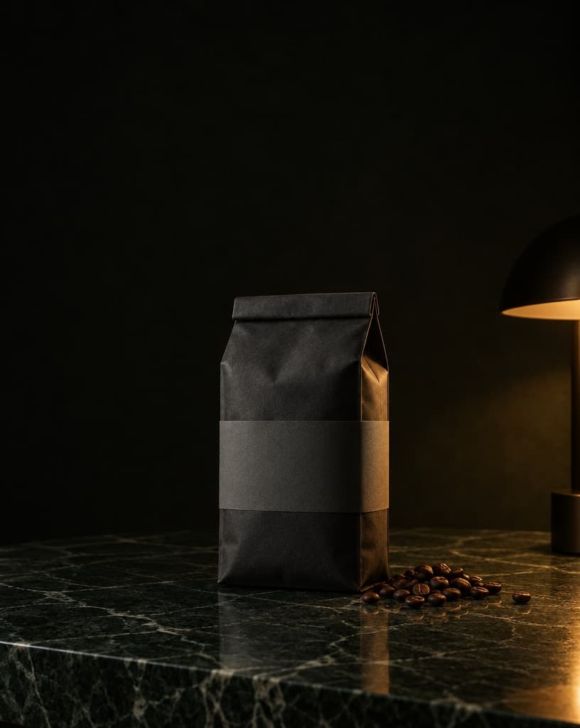 A black bag of coffee on dark green marble under a low lamp