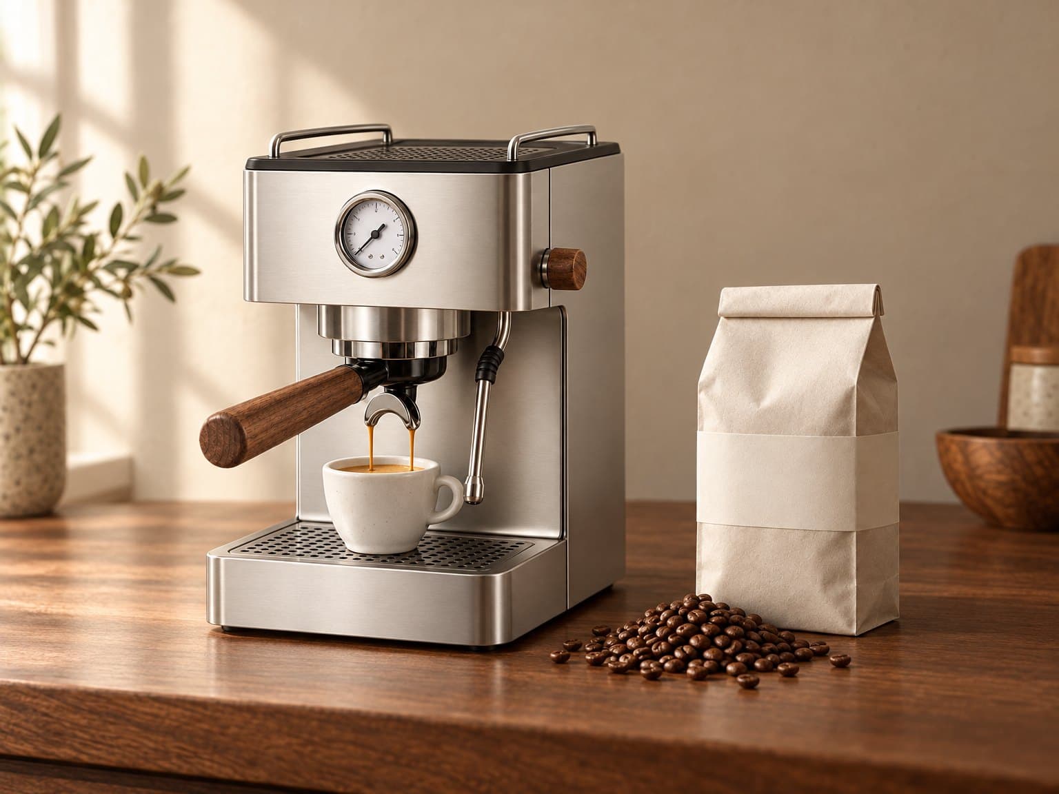 The cream bag of house roast on a walnut counter beside a Nove Duo pulling an espresso in morning sun