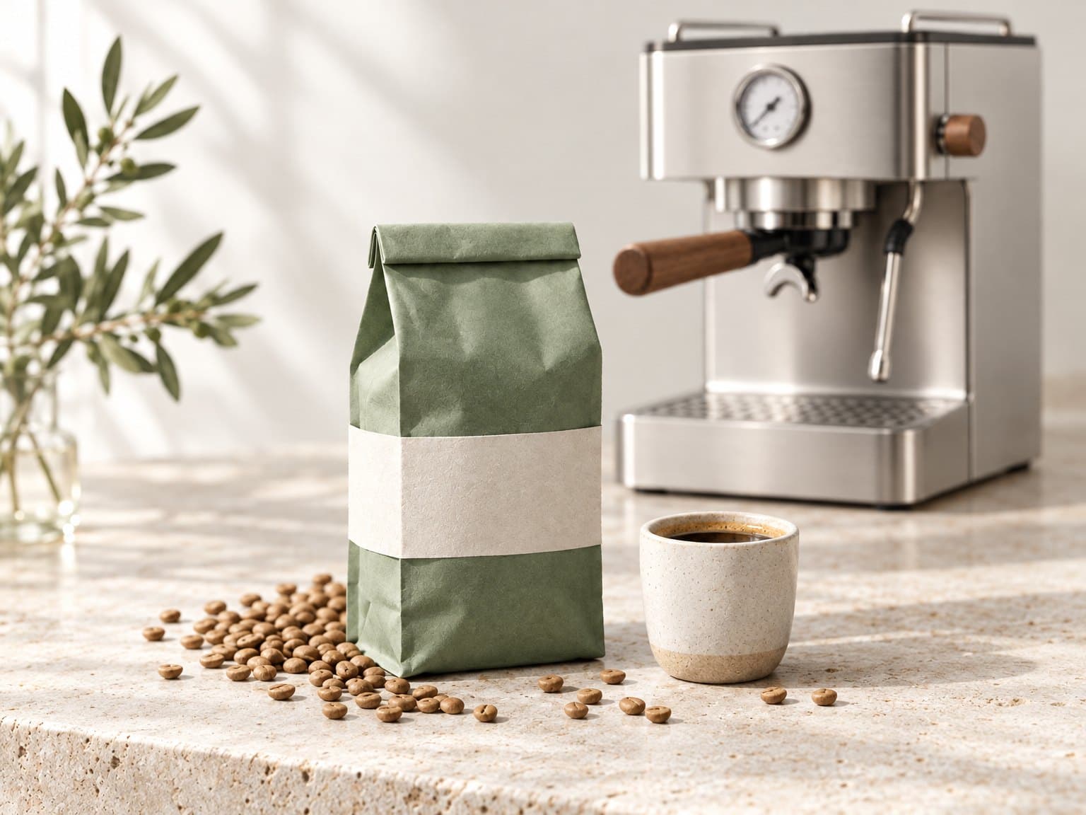 The green bag of Ethiopia single origin on pale travertine beside a cup of black espresso