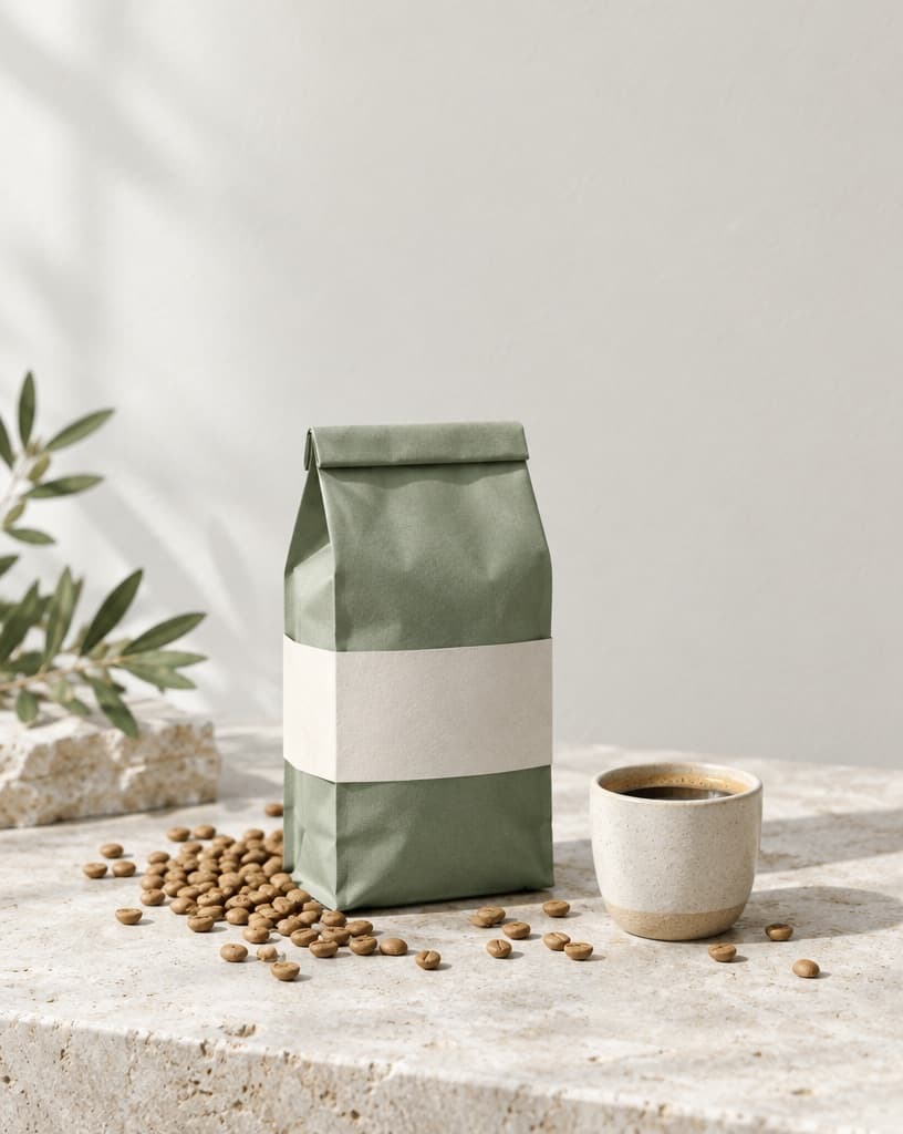 A sage green bag of coffee on pale stone beside light roasted beans and a small cup