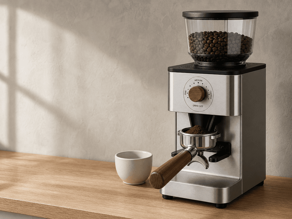 The Nove grinder on an oak counter, its hopper full of beans, grinding into a portafilter