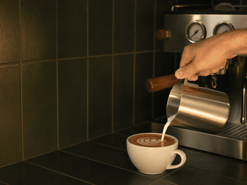 Pouring steamed milk from the Nove milk jug into a flat white in front of the Nove Pro
