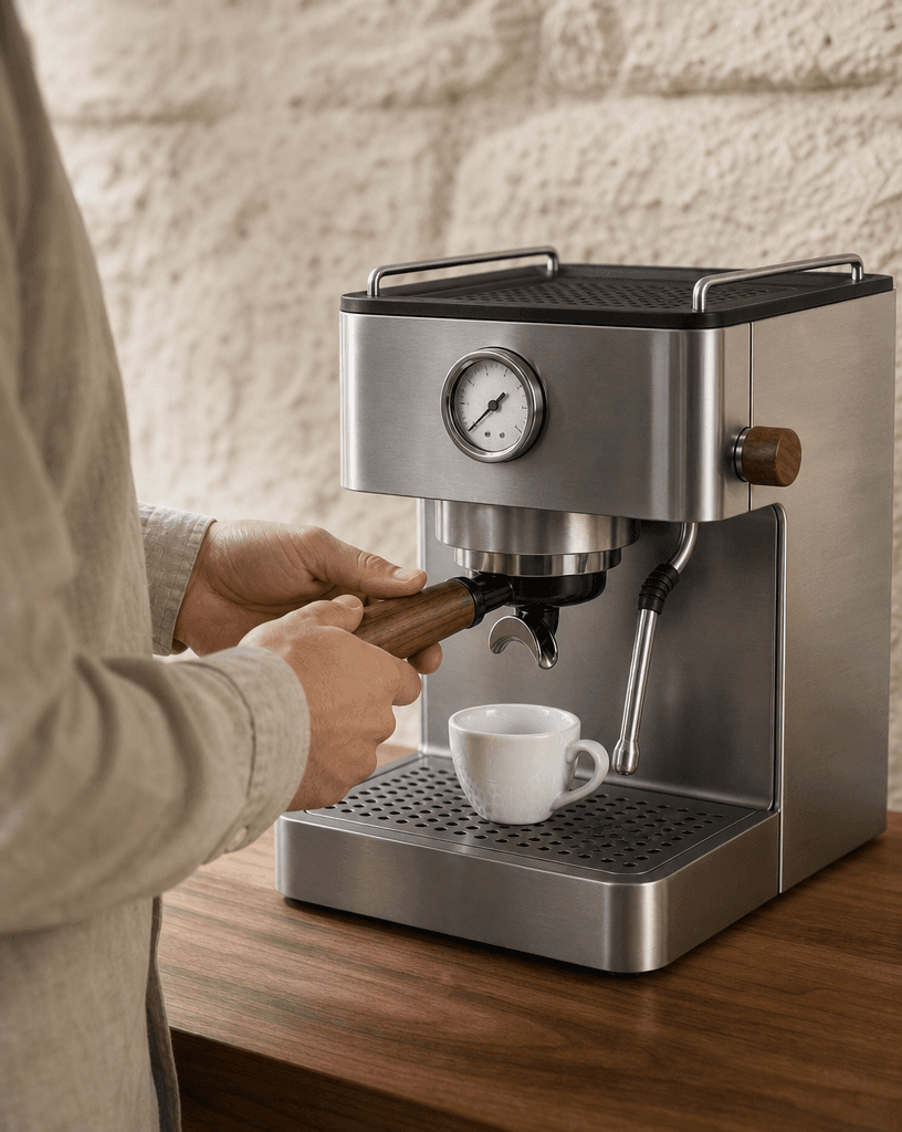 Hands fitting the portafilter into the Nove Duo at the showroom counter
