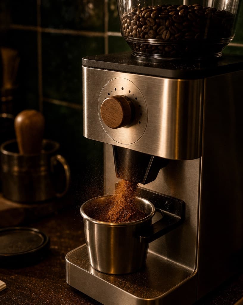 The Nove grinder filling a dosing cup with fresh grounds under a warm lamp at night