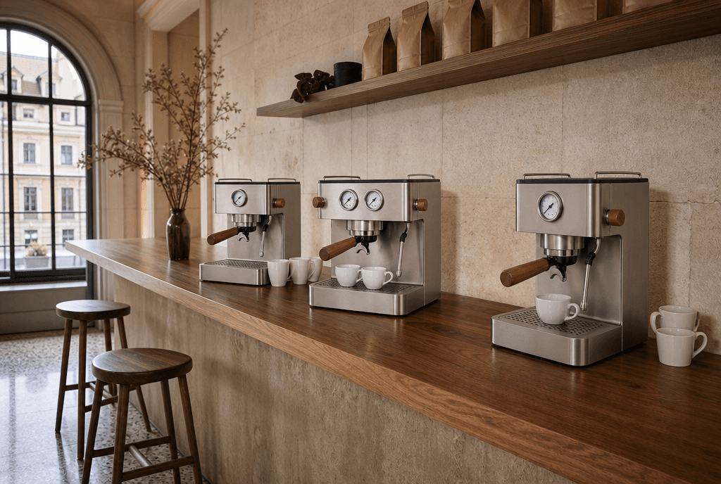 The three models on a walnut counter in the Turin showroom