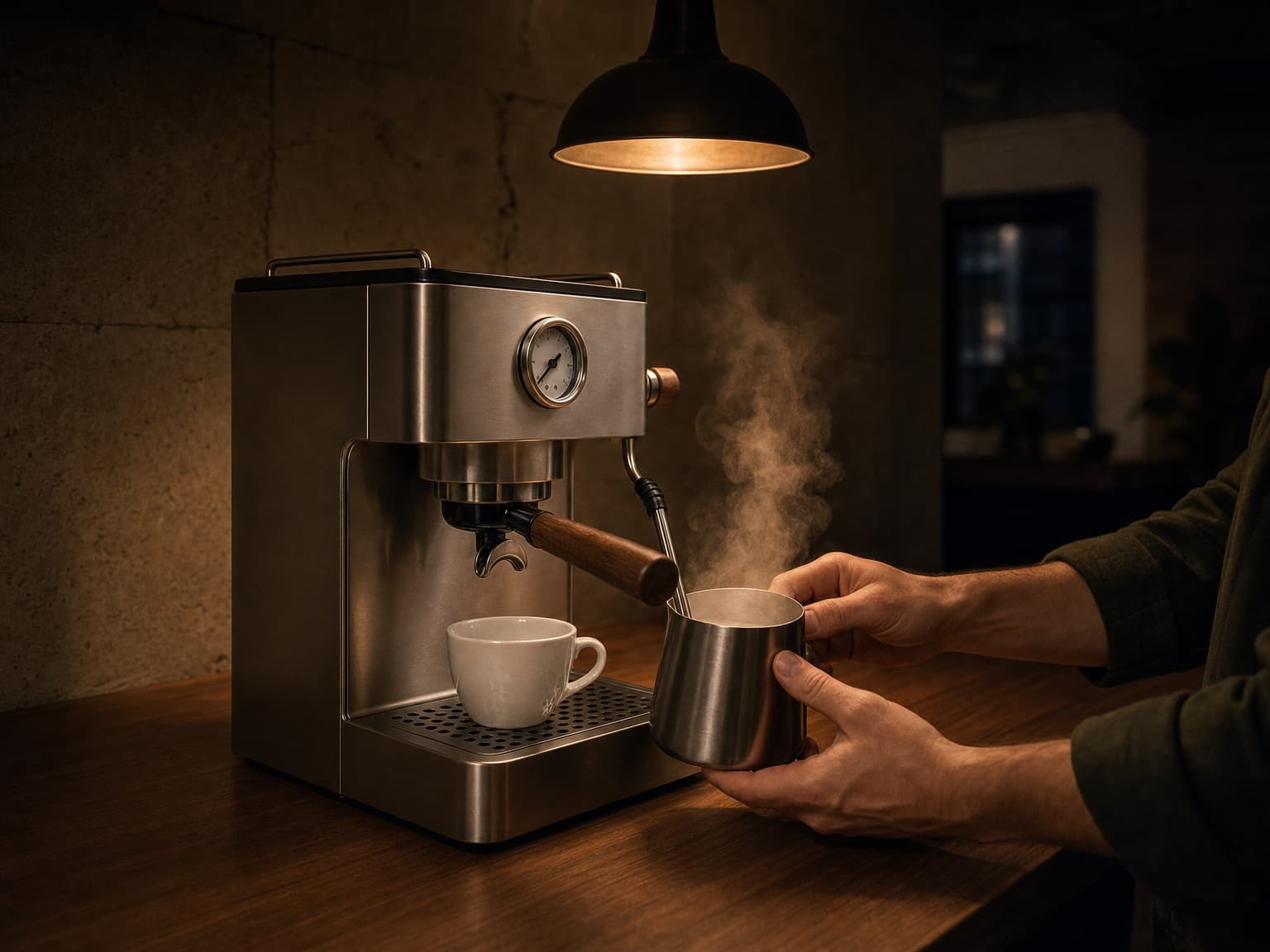 Steaming milk on the Duo under a low lamp in the showroom after dark
