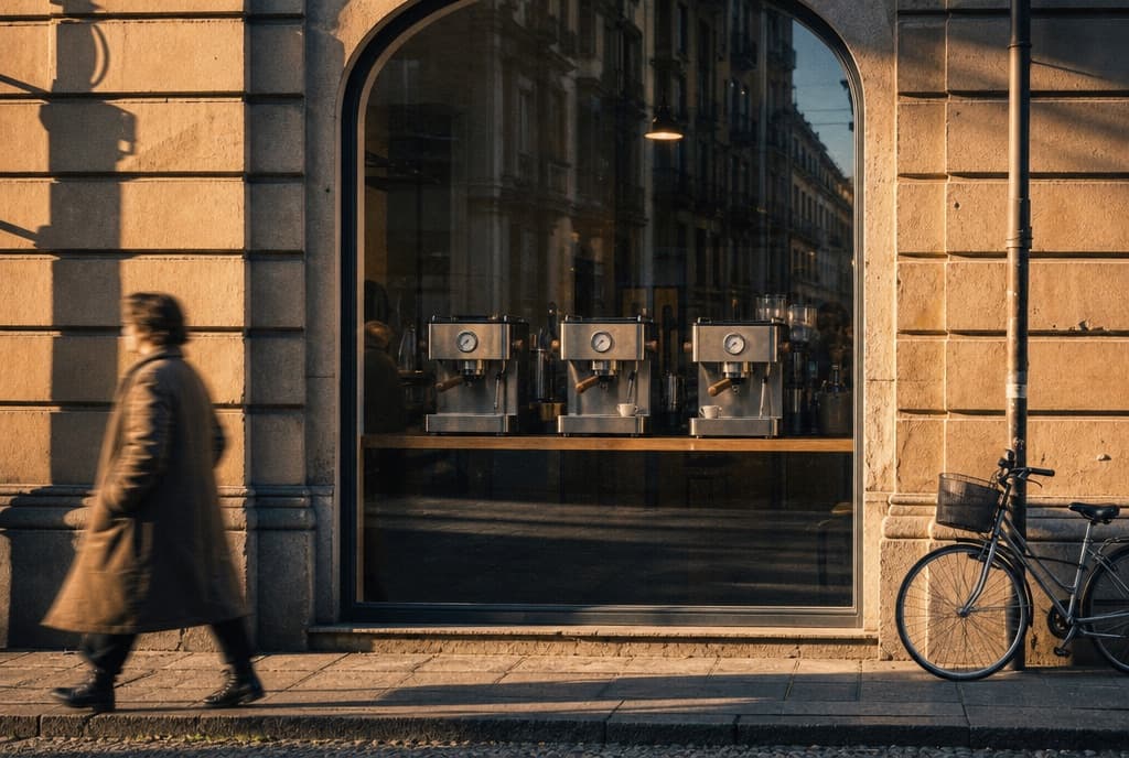 The showroom's arched window on Via Nizza in low afternoon sun, the three machines inside, someone in a long coat walking past