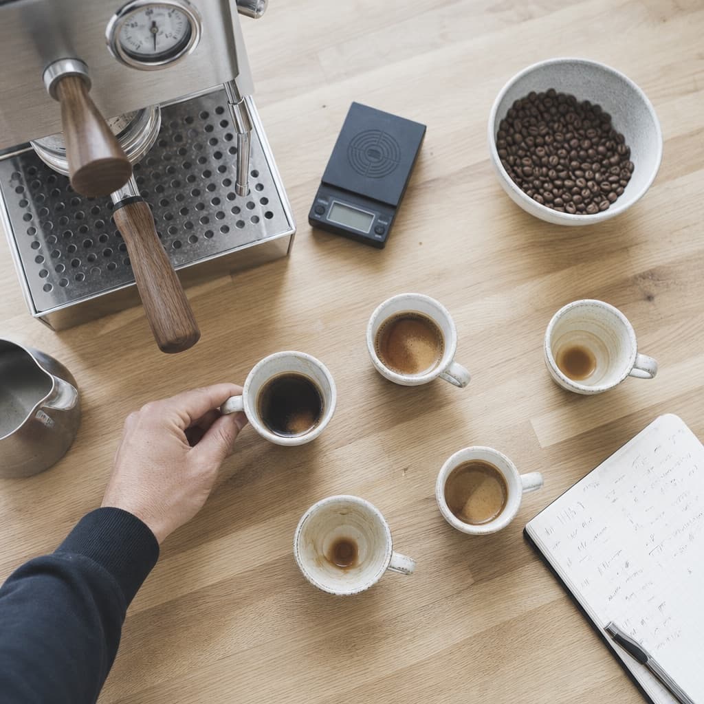 Espresso cups on a pale oak counter seen from above, a hand picking one up beside a scale, a bowl of beans and a notebook