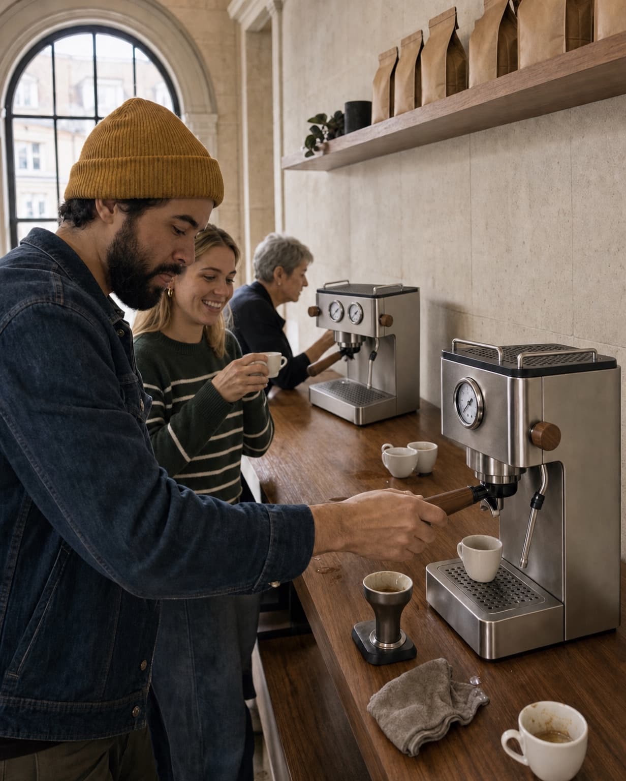 A visitor locking the portafilter into the Duo while a friend laughs with a cup, and a woman pulling a shot on the Pro further along the counter