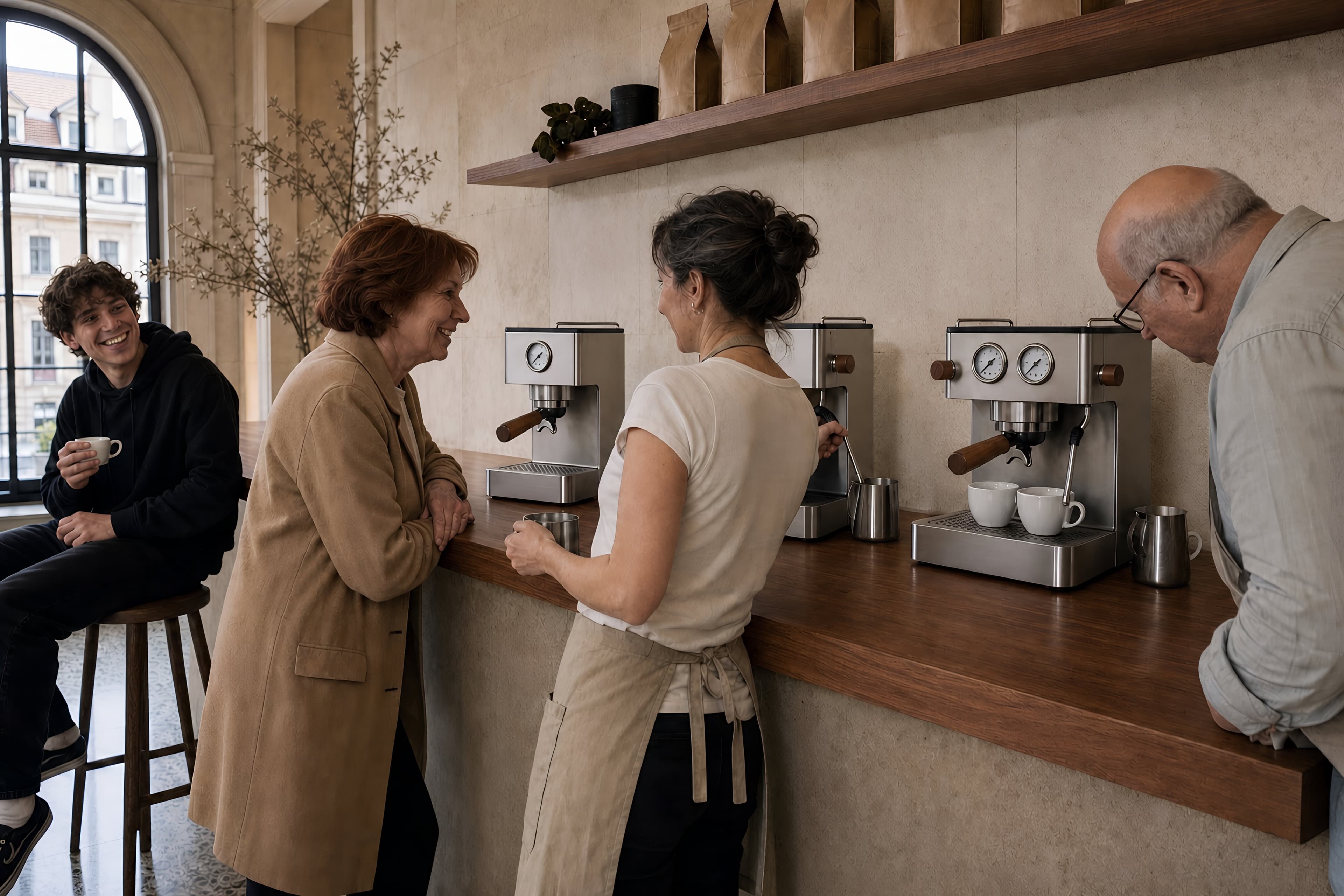 Visitors at the showroom counter: a young man laughing on a stool with a cup, a woman in a camel coat chatting with the barista as she steams milk at the Duo, an older man leaning in to read the gauges on the Pro, the One beside them