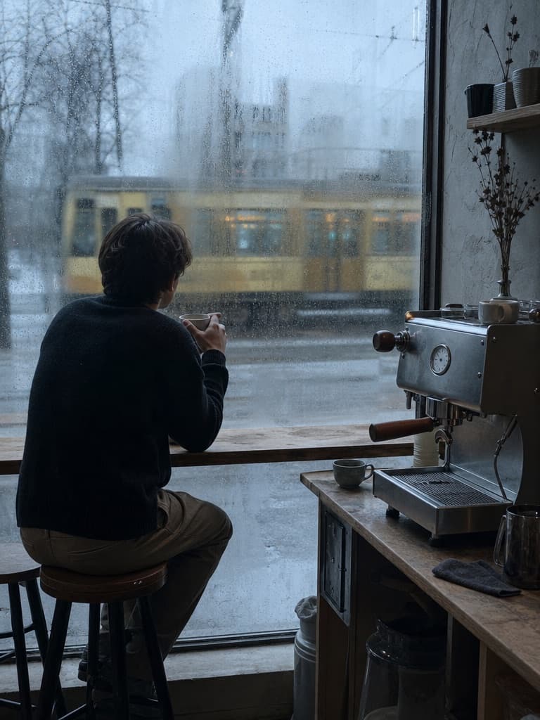 Someone on a stool at the rainy window with a cup, a tram passing outside