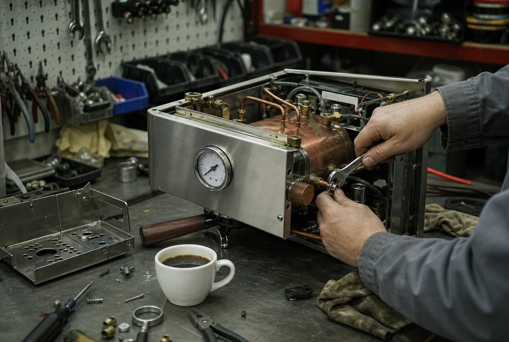 Hands tightening a fitting inside a machine with its casing off on the workshop bench